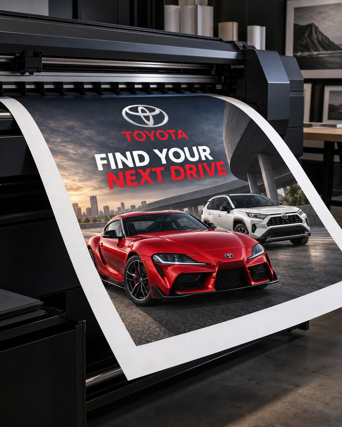 Illustrative Toyota promotional poster emerging from a wide-format printer