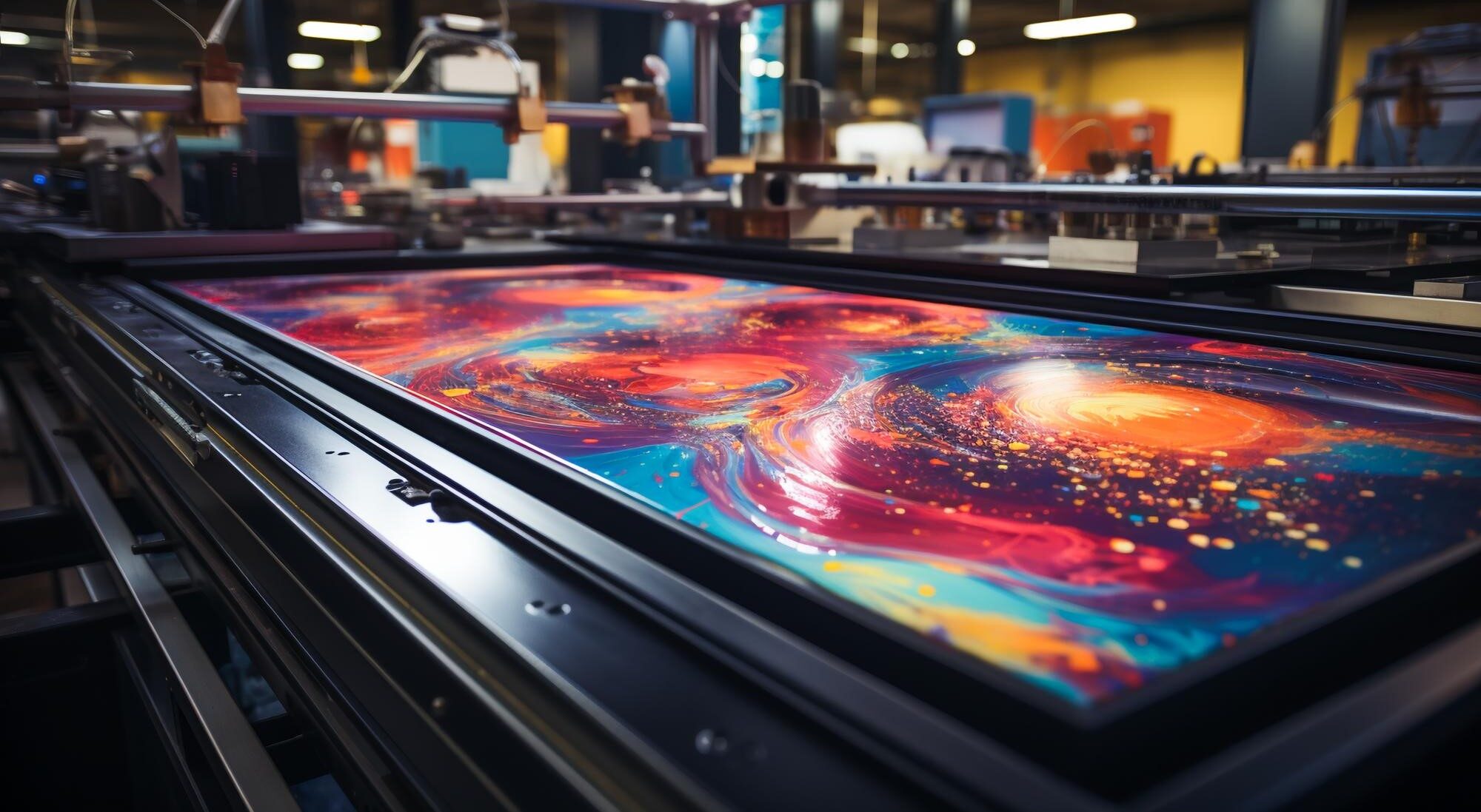 Colorful artwork being produced on a commercial flatbed printer